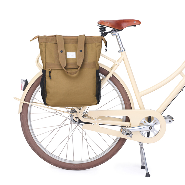 weathergoods bicycle bag wkndr totepack gold front view attached to bike rack